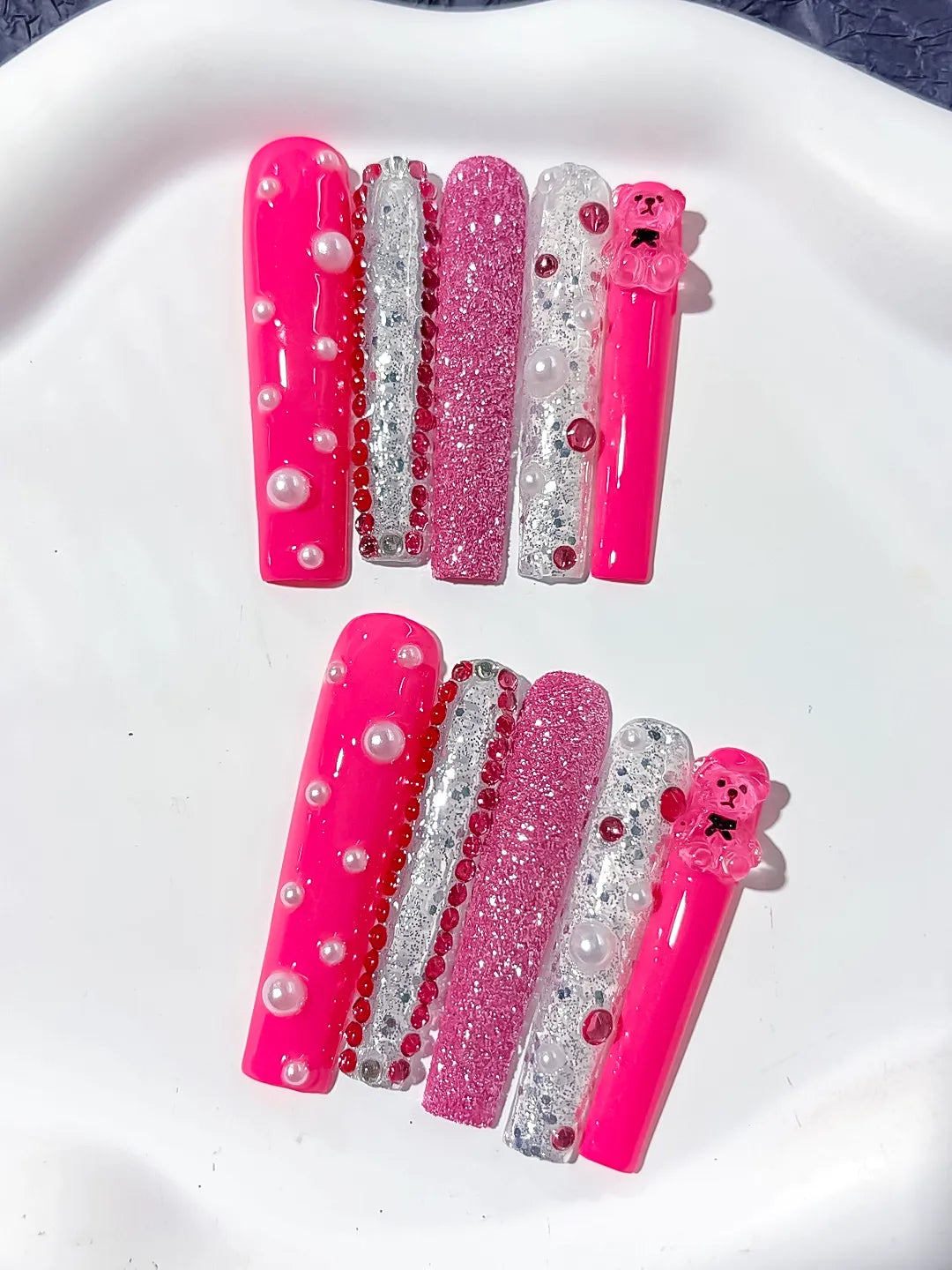 Pink Silver White Glitter Bear Pearl Rhinestone 3D press on nails detail view