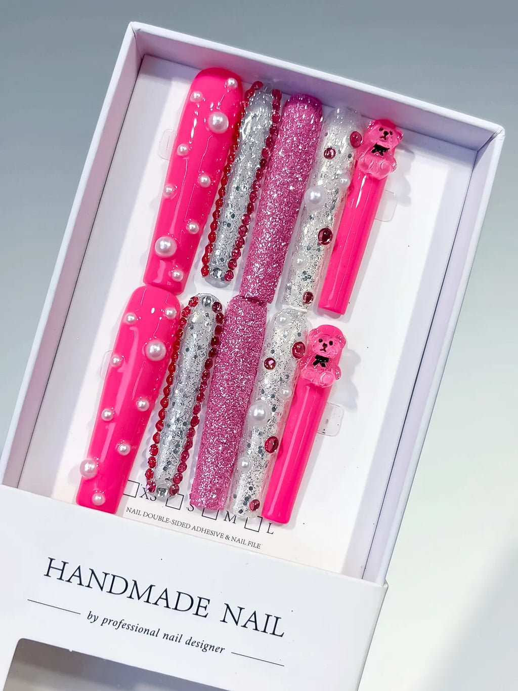 Pink Silver White Glitter Bear Pearl Rhinestone 3D press on nails