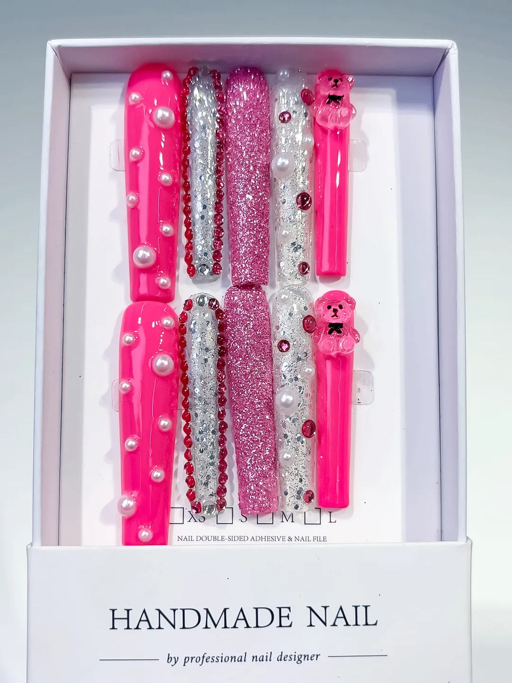Pink Silver White Glitter Bear Pearl Rhinestone 3D press on nails full set view
