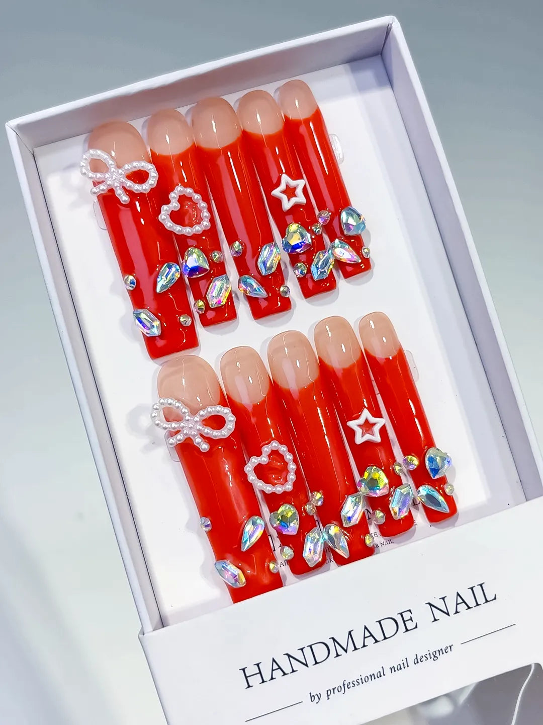 Red White Silver Multicolor Solid color Bow Heart Star Rhinestone 3D press on nails angled view
