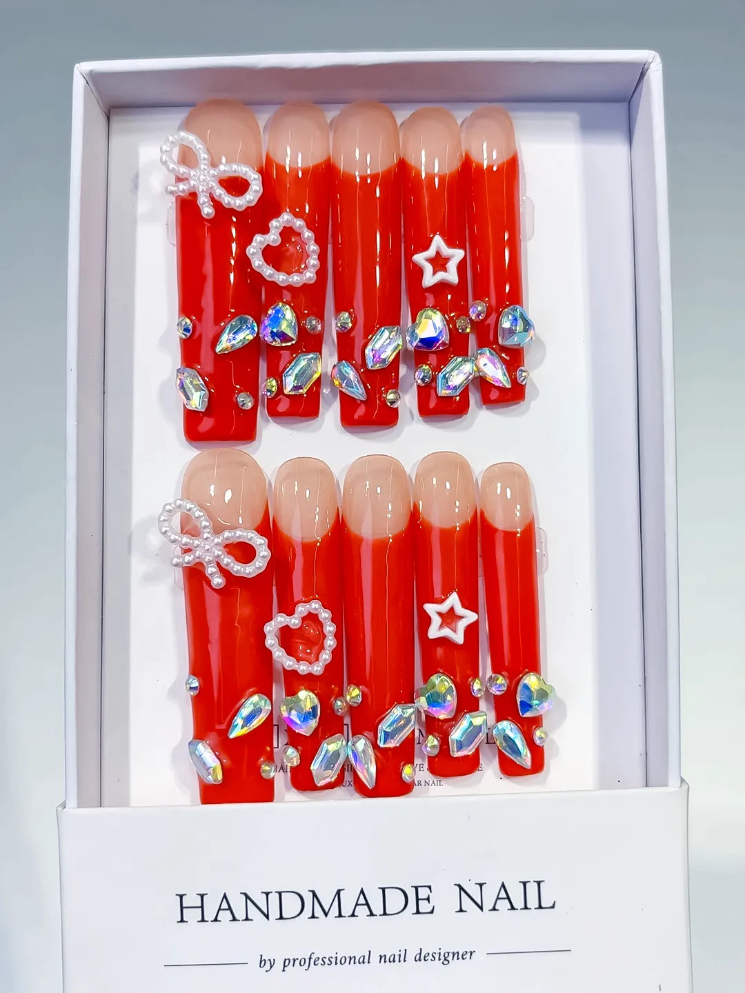 Red White Silver Multicolor Solid color Bow Heart Star Rhinestone 3D press on nails full set view
