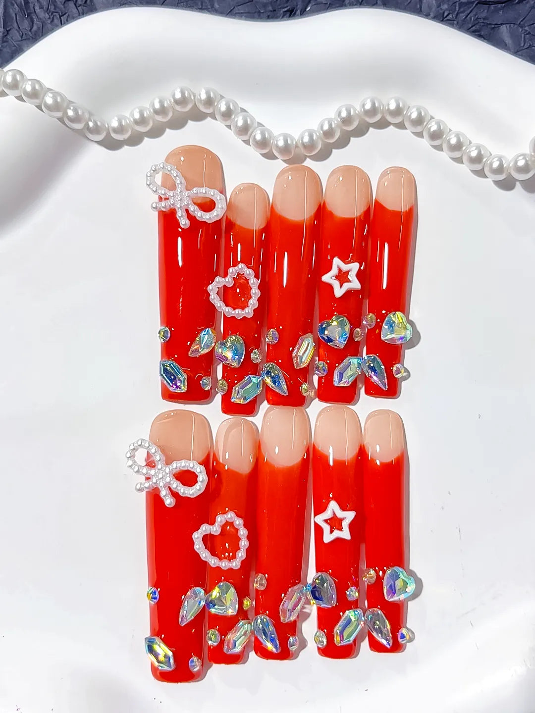 Red White Silver Multicolor Solid color Bow Heart Star Rhinestone 3D press on nails close up
