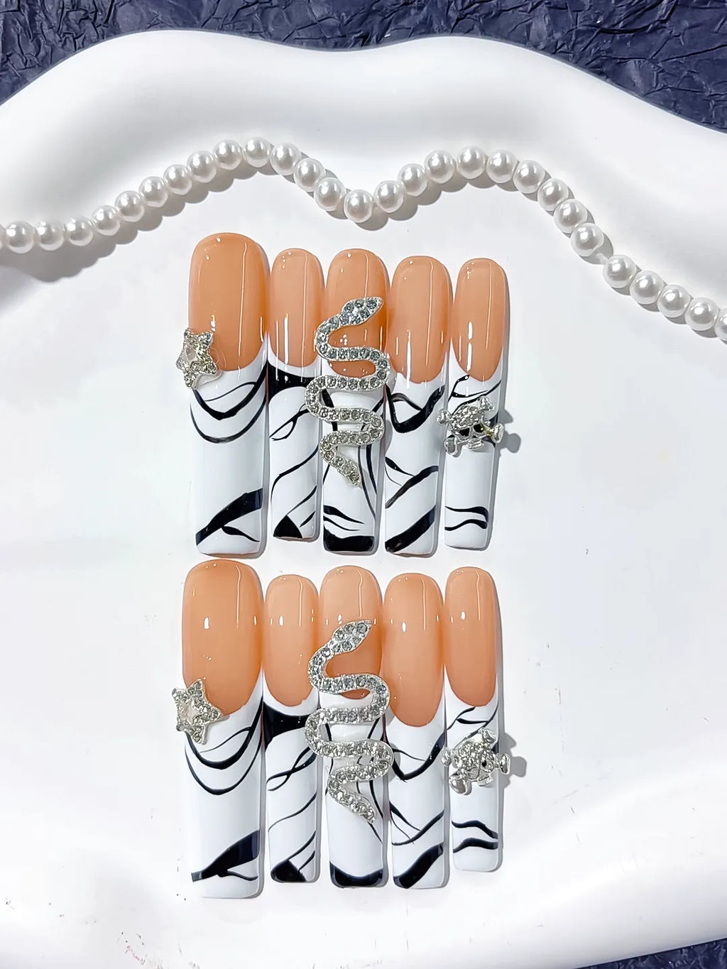 Nude White Black Silver Abstract Snake Star Rhinestone press on nails close up