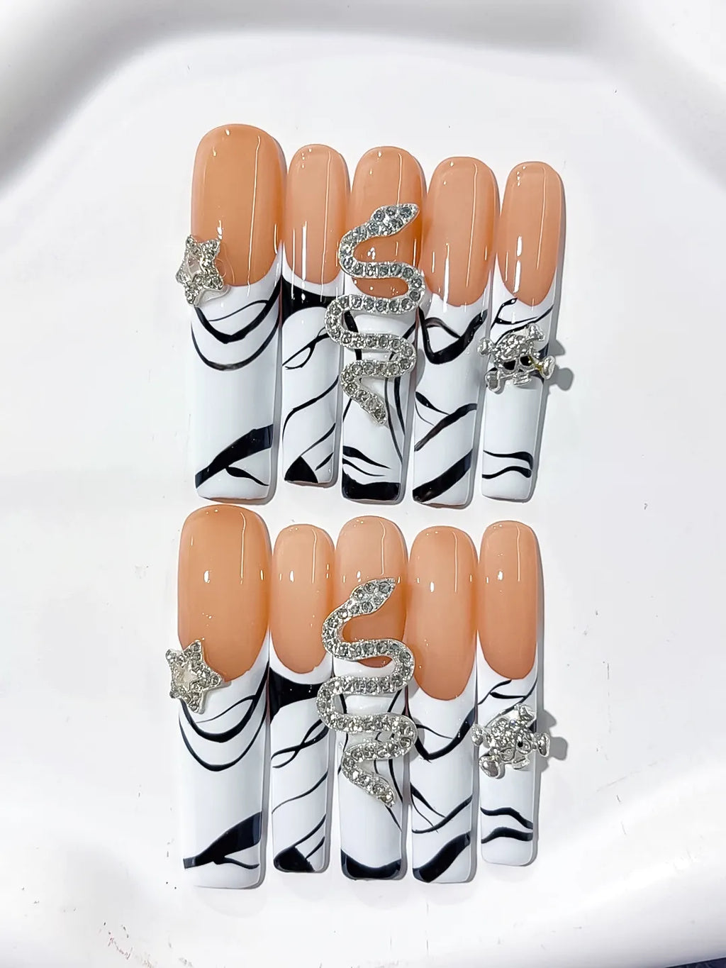 Nude White Black Silver Abstract Snake Star Rhinestone press on nails detail view