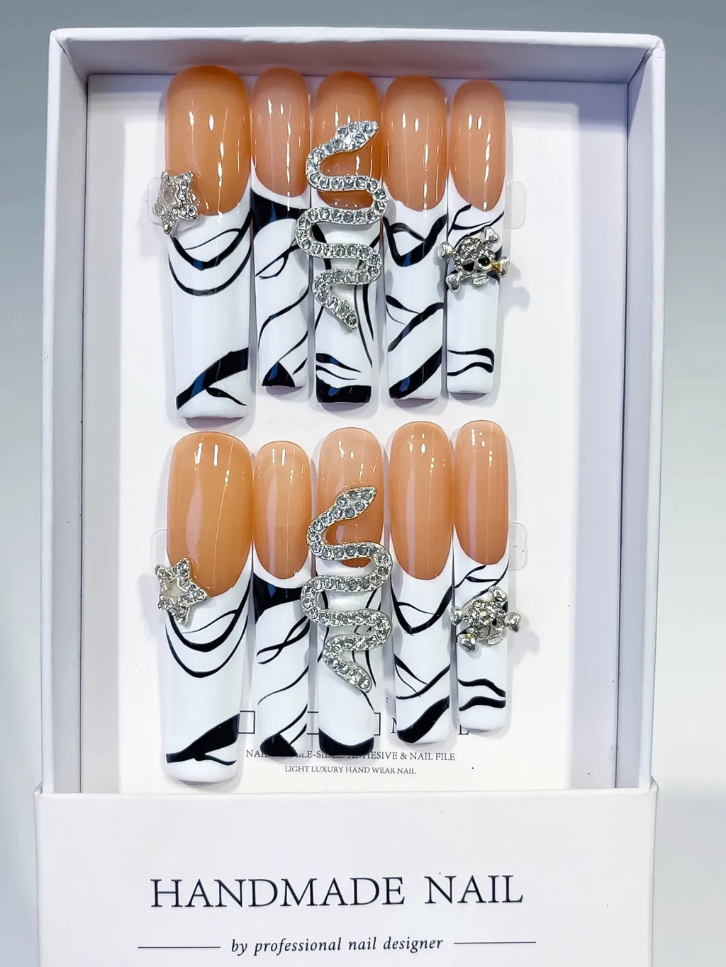 Nude White Black Silver Abstract Snake Star Rhinestone press on nails full set view