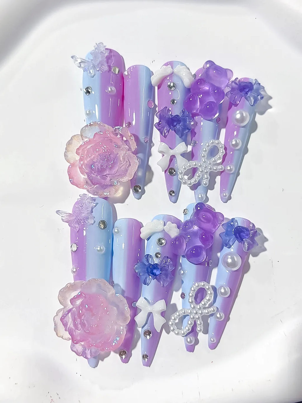 Purple Blue Pink White Silver Ombre Flower Bow Pearl Rhinestone 3D press on nails close up