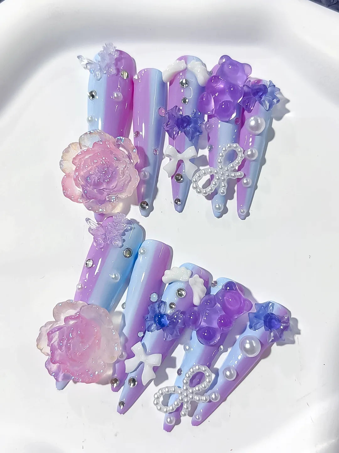 Purple Blue Pink White Silver Ombre Flower Bow Pearl Rhinestone 3D press on nails detail view