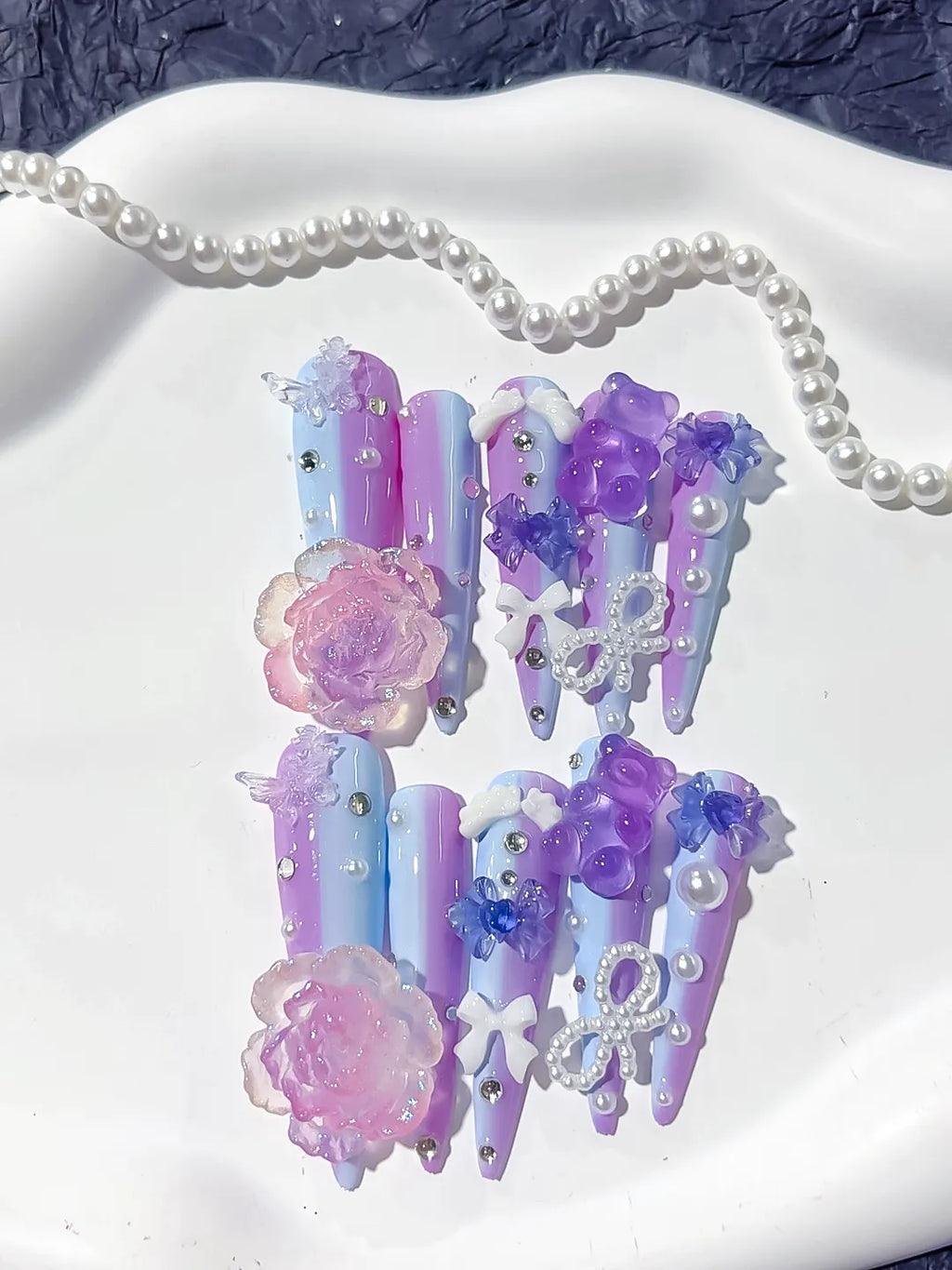 Purple Blue Pink White Silver Ombre Flower Bow Pearl Rhinestone 3D press on nails detail view