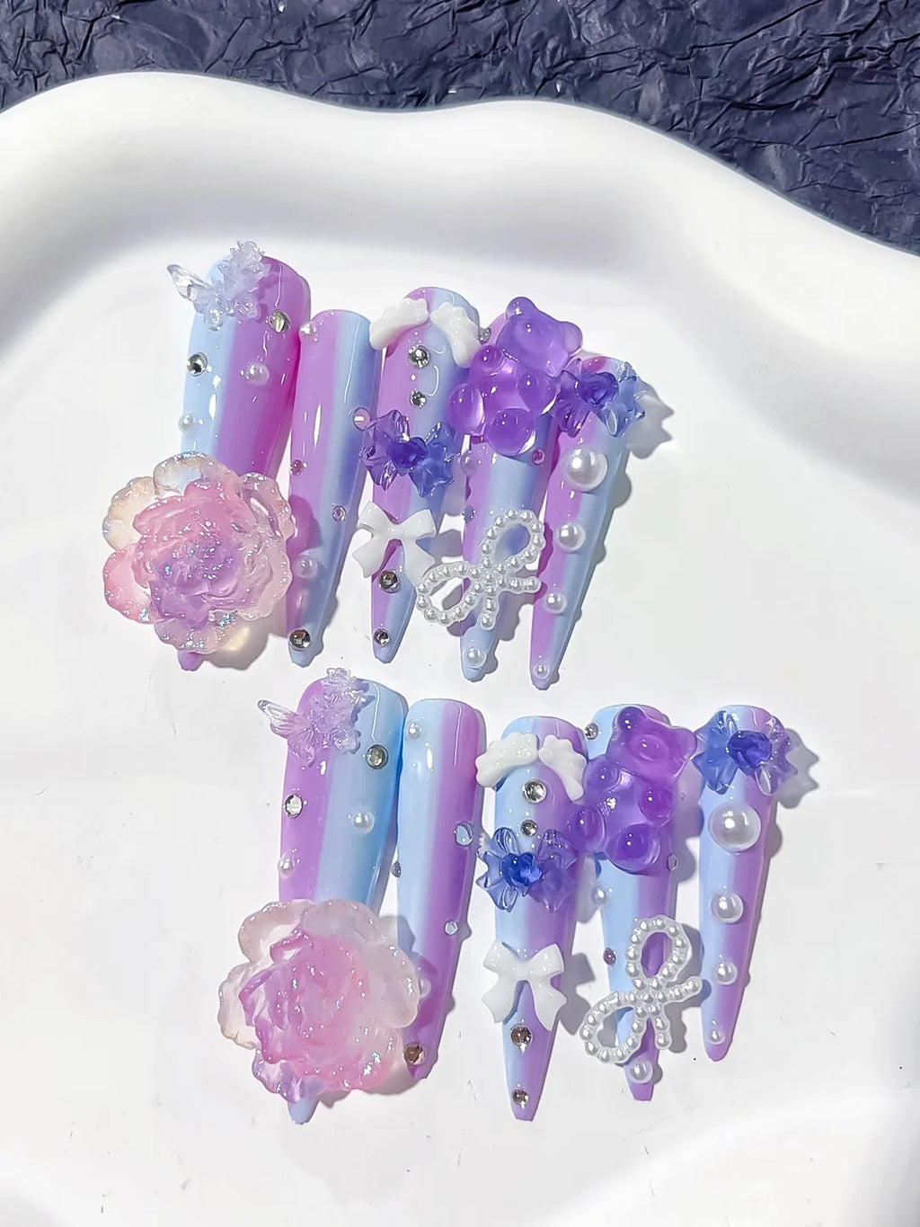 Purple Blue Pink White Silver Ombre Flower Bow Pearl Rhinestone 3D press on nails detail view