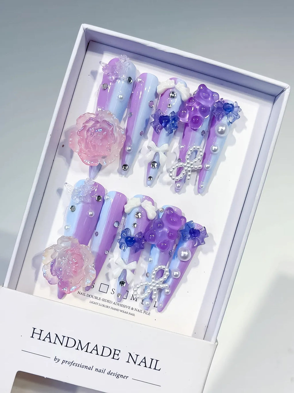 Purple Blue Pink White Silver Ombre Flower Bow Pearl Rhinestone 3D press on nails
