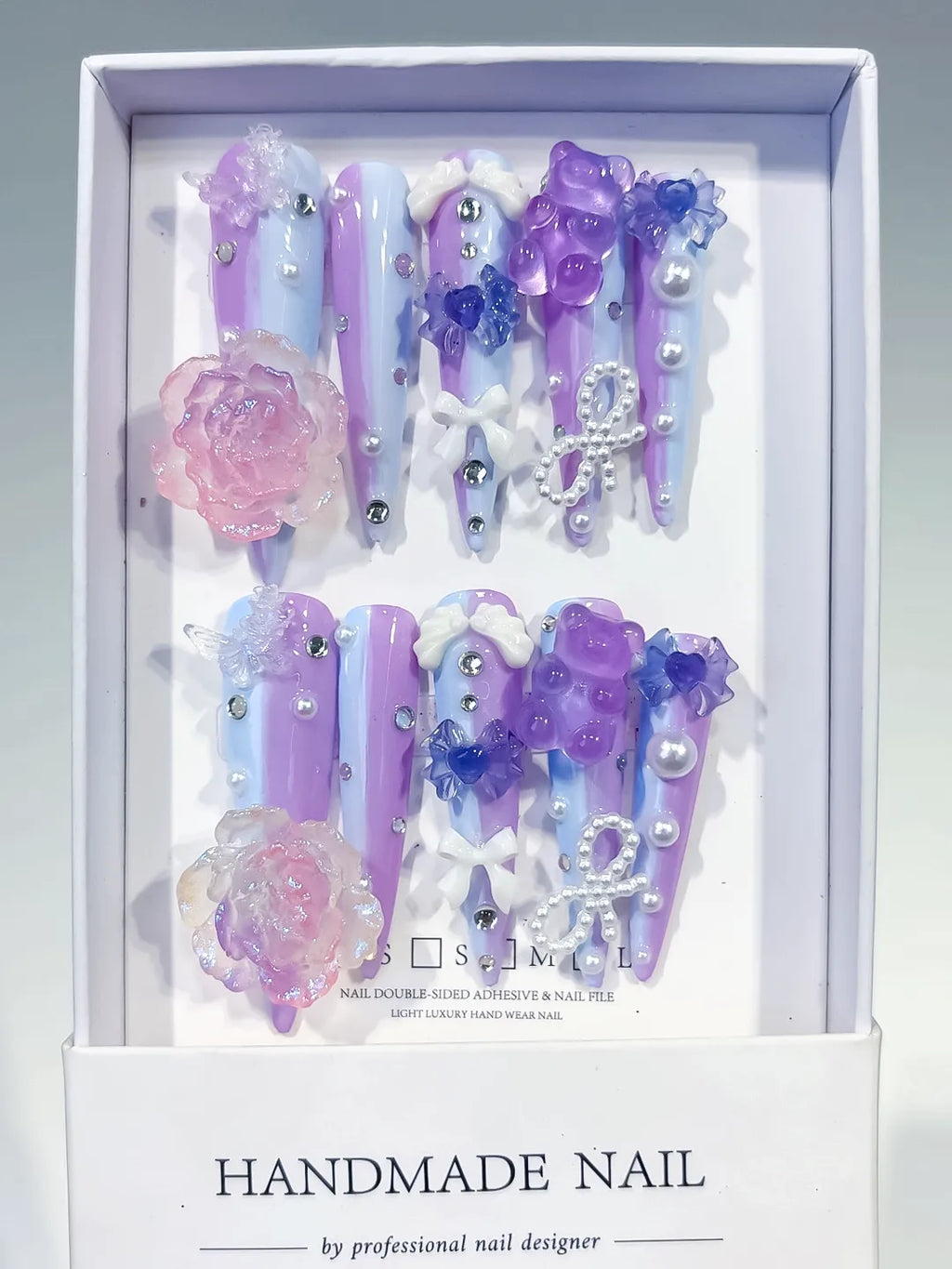 Purple Blue Pink White Silver Ombre Flower Bow Pearl Rhinestone 3D press on nails full set view