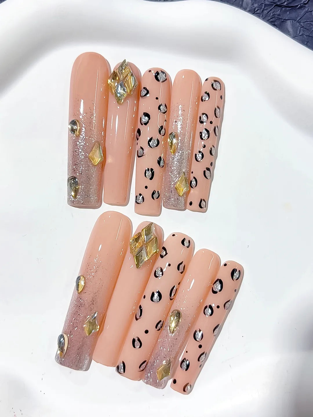 Nude Gold Black Silver Abstract Animal Print Rhinestone press on nails close up