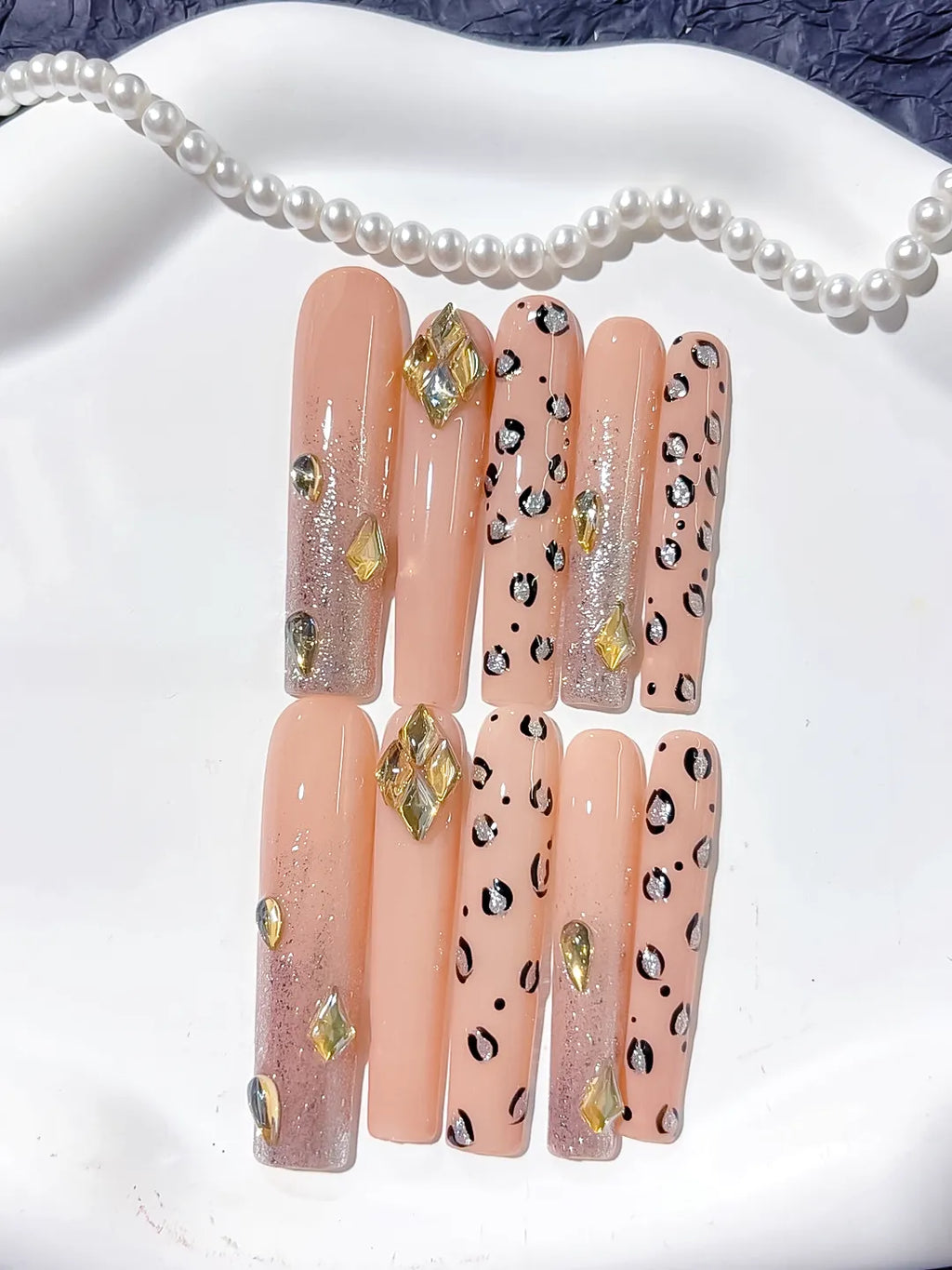 Nude Gold Black Silver Abstract Animal Print Rhinestone press on nails detail view