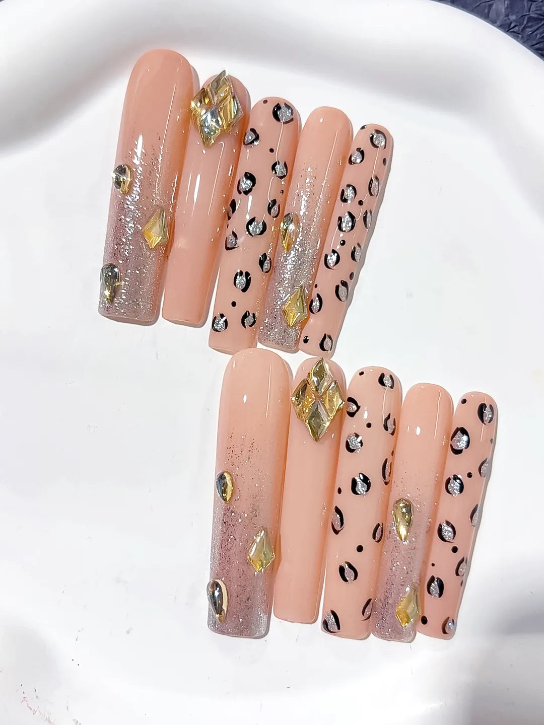 Nude Gold Black Silver Abstract Animal Print Rhinestone press on nails detail view