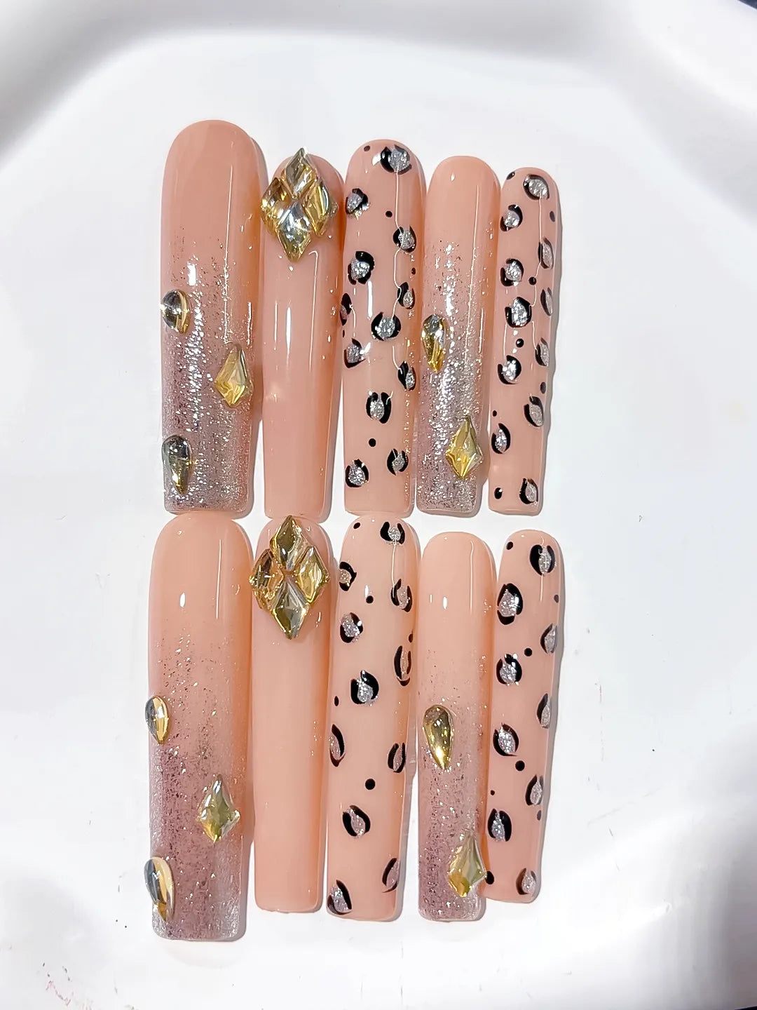 Nude Gold Black Silver Abstract Animal Print Rhinestone press on nails detail view