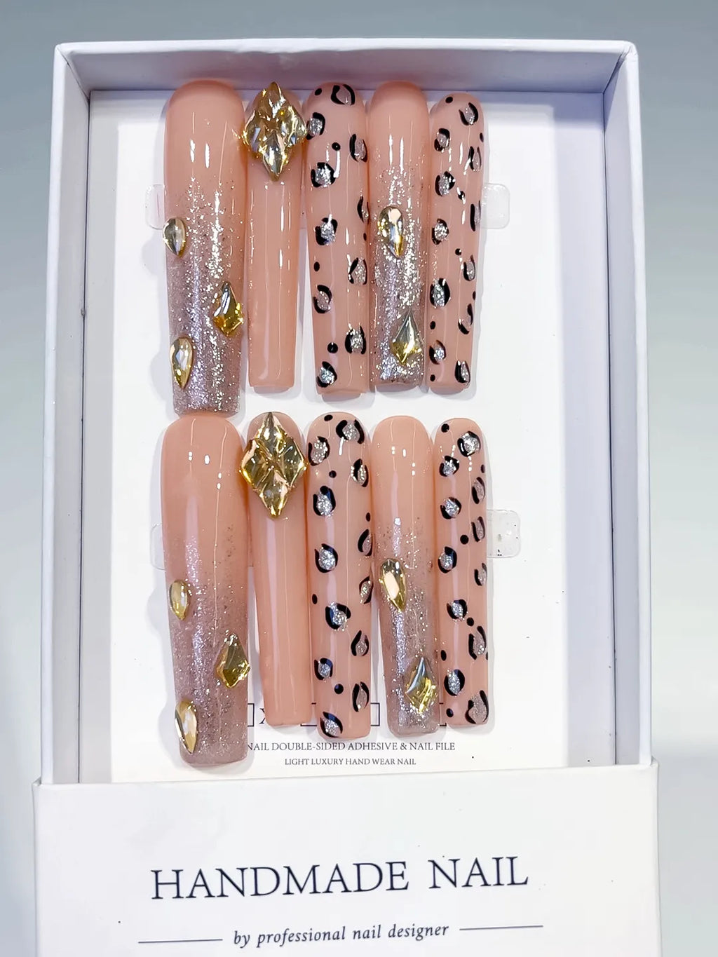 Nude Gold Black Silver Abstract Animal Print Rhinestone press on nails full set view