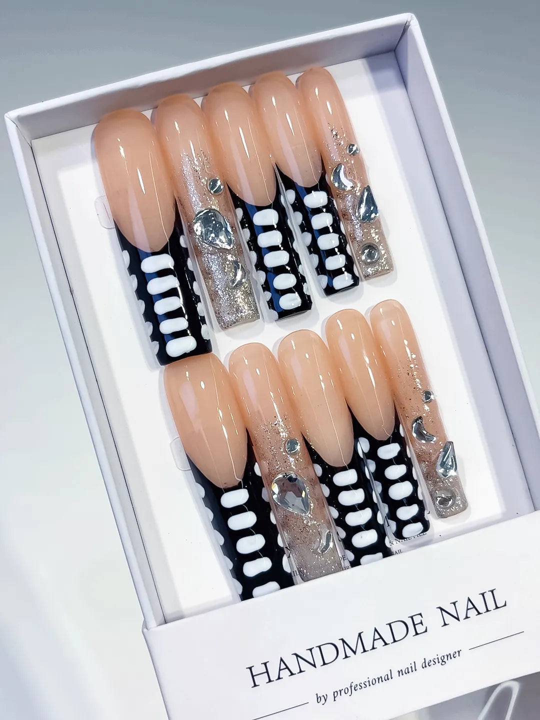 Nude Black White Silver Abstract Lattice Rhinestone press on nails angled view