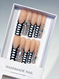 Nude Black White Silver Abstract Lattice Rhinestone press on nails