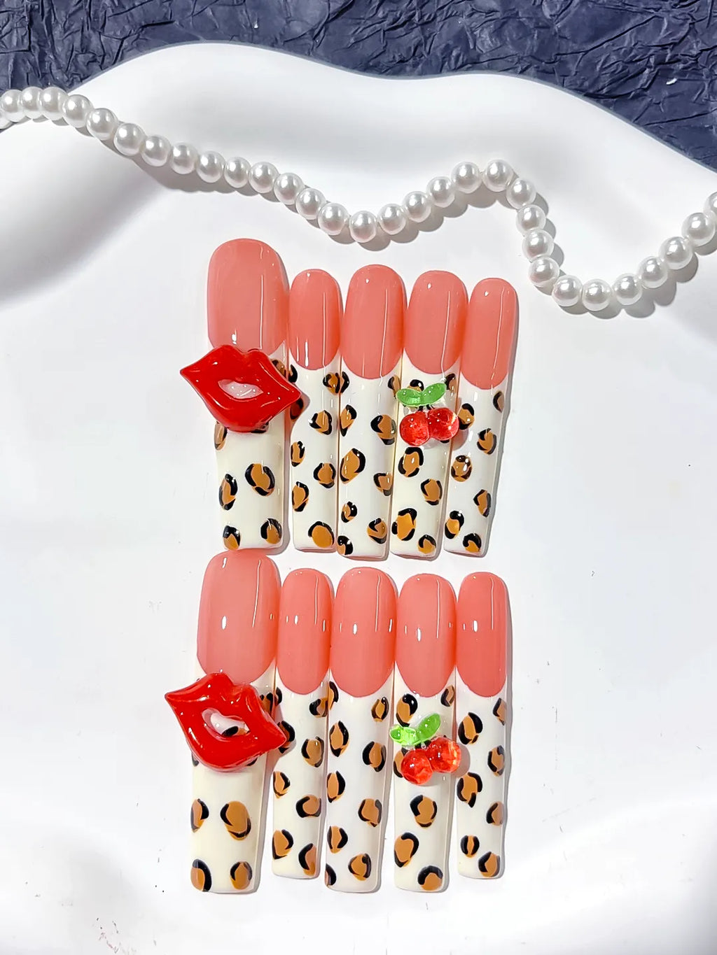 Nude Pink White Red Green Black Abstract Lip Print Strawberry Animal Print press on nails detail view