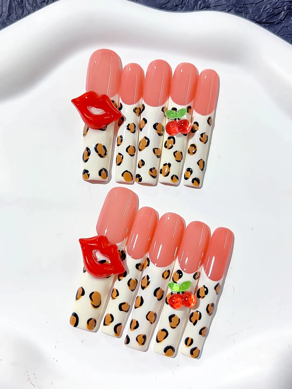Nude Pink White Red Green Black Abstract Lip Print Strawberry Animal Print press on nails close up