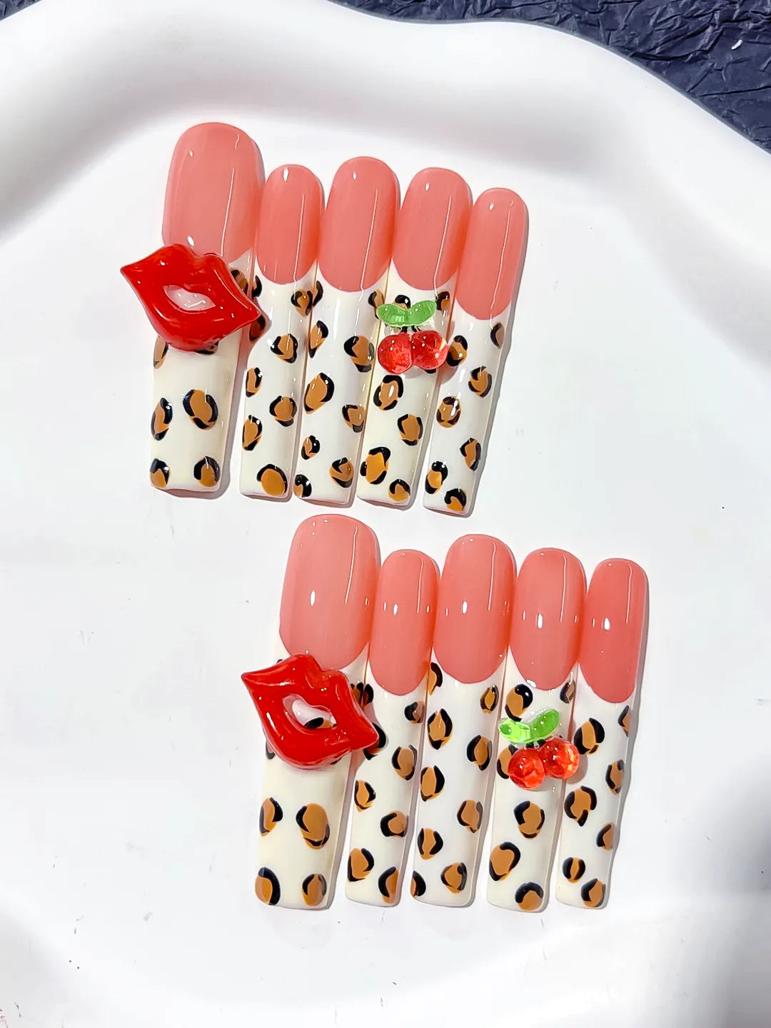 Nude Pink White Red Green Black Abstract Lip Print Strawberry Animal Print press on nails detail view