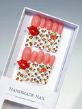 Nude Pink White Red Green Black Abstract Lip Print Strawberry Animal Print press on nails