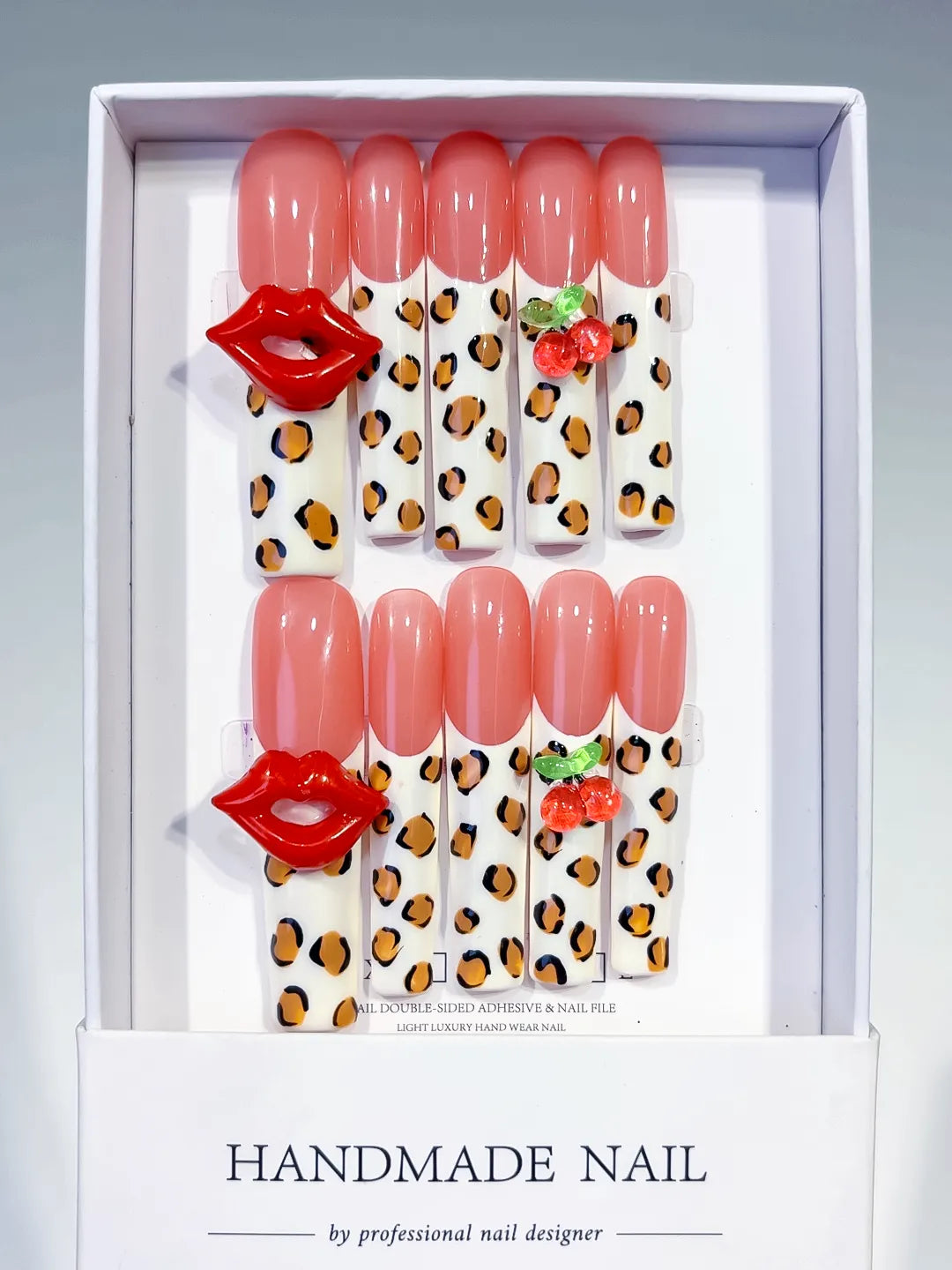 Nude Pink White Red Green Black Abstract Lip Print Strawberry Animal Print press on nails full set view