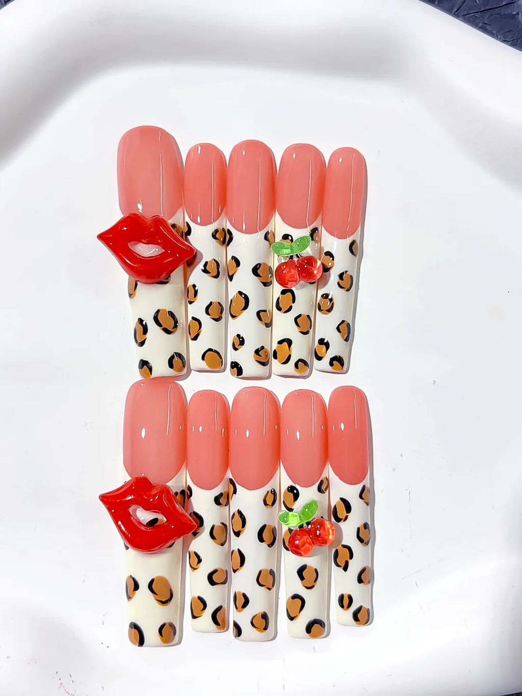 Nude Pink White Red Green Black Abstract Lip Print Strawberry Animal Print press on nails detail view