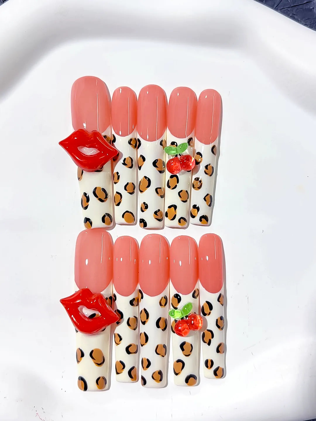 Nude Pink White Red Green Black Abstract Lip Print Strawberry Animal Print press on nails detail view