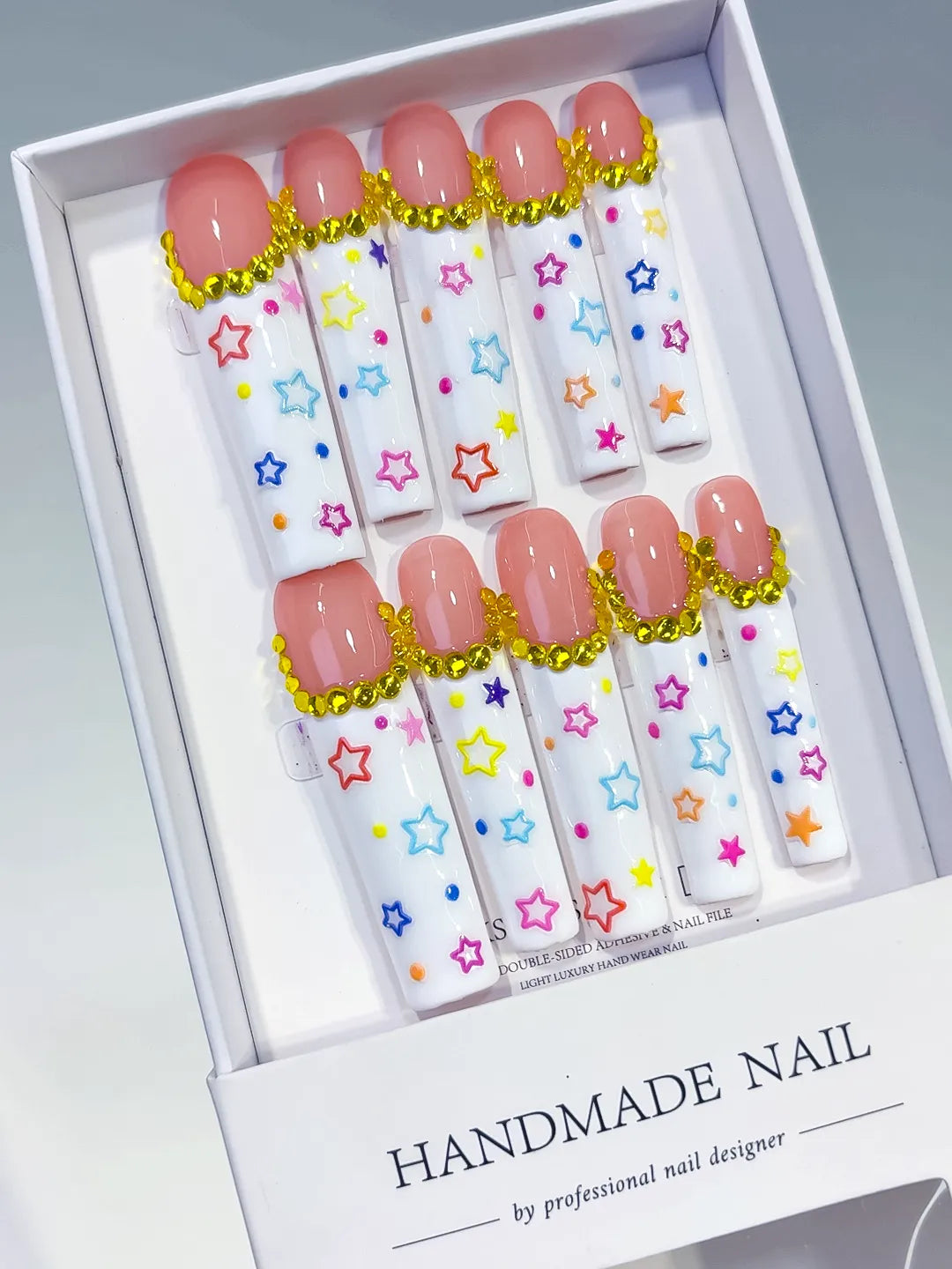 Nude White Gold Pink Blue Yellow Solid color Star Rhinestone press on nails angled view