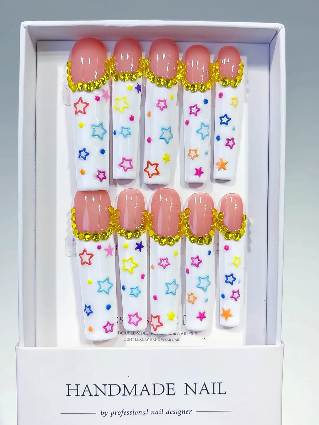 Nude White Gold Pink Blue Yellow Solid color Star Rhinestone press on nails full set view