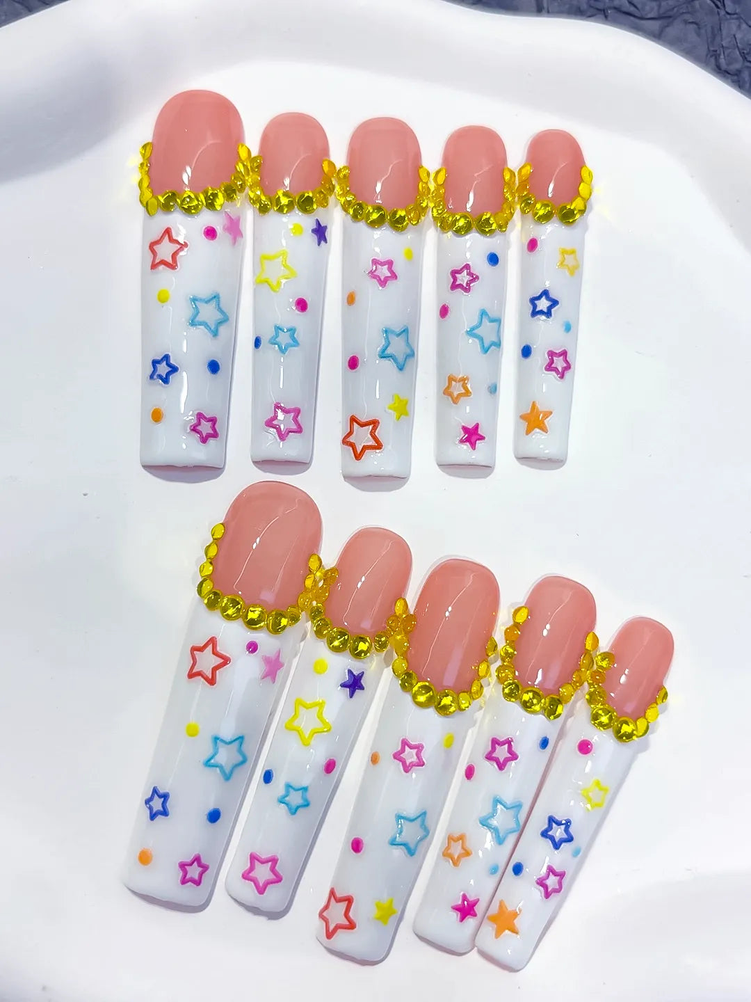 Nude White Gold Pink Blue Yellow Solid color Star Rhinestone press on nails close up