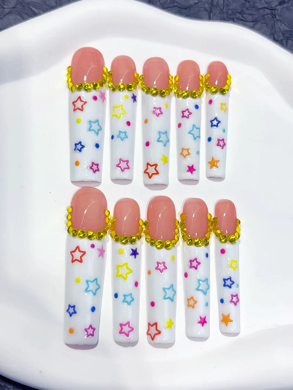 Nude White Gold Pink Blue Yellow Solid color Star Rhinestone press on nails detail view