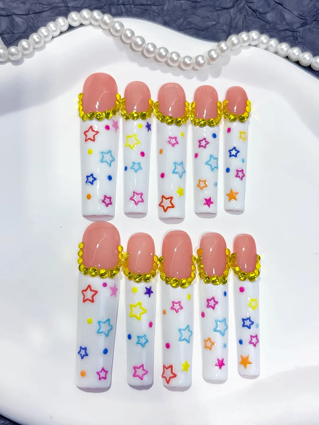 Nude White Gold Pink Blue Yellow Solid color Star Rhinestone press on nails detail view
