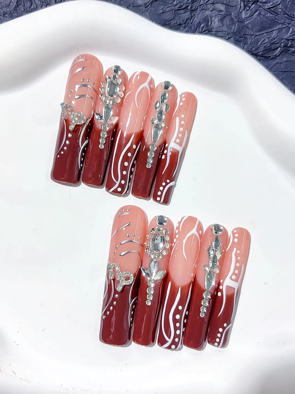 Nude Red White Silver Abstract Rhinestone press on nails detail view