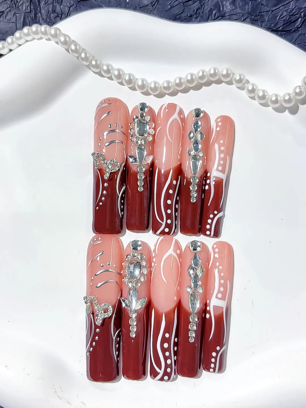 Nude Red White Silver Abstract Rhinestone press on nails close up