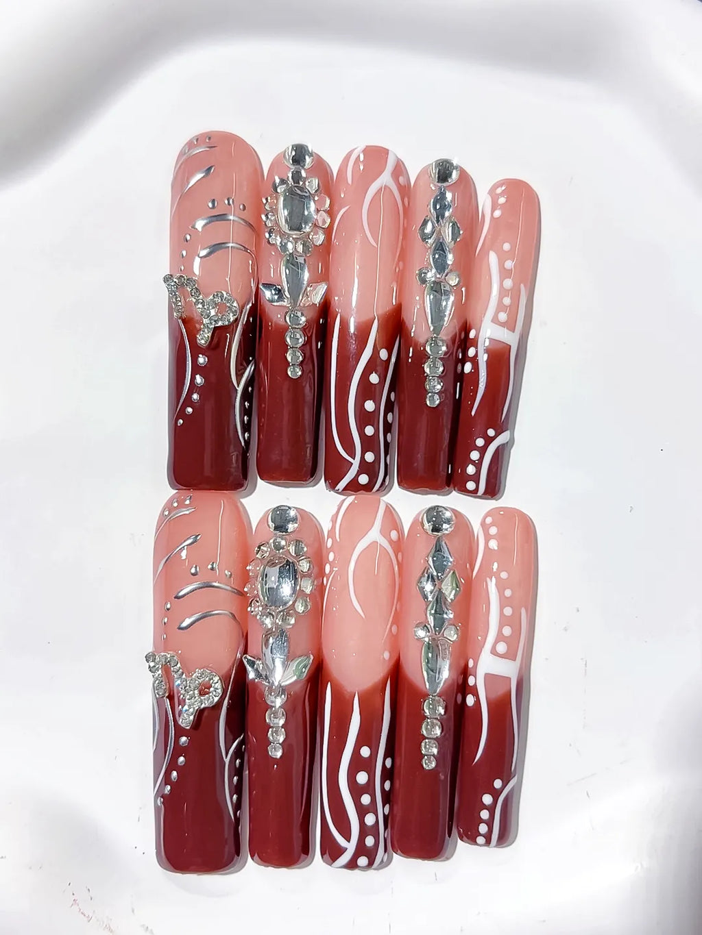 Nude Red White Silver Abstract Rhinestone press on nails detail view