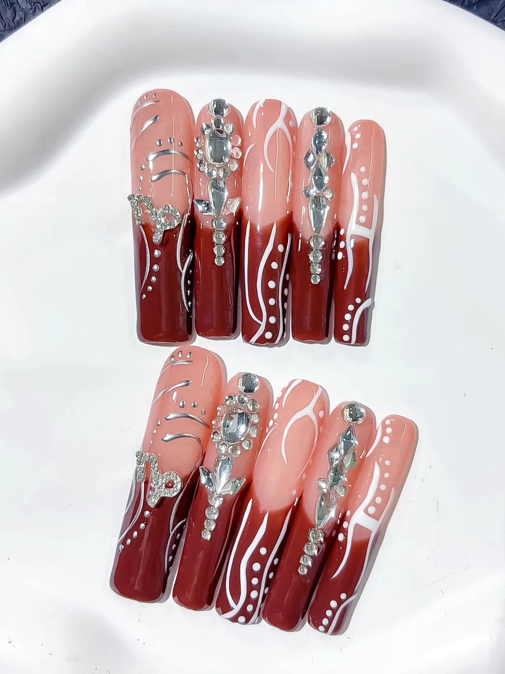 Nude Red White Silver Abstract Rhinestone press on nails detail view