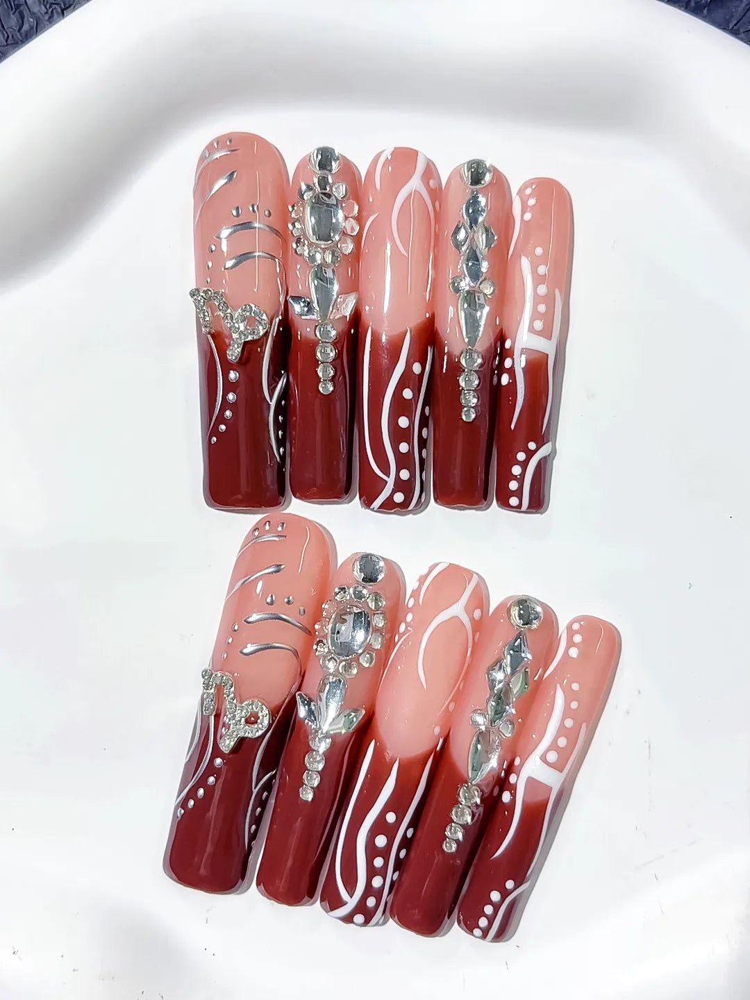 Nude Red White Silver Abstract Rhinestone press on nails detail view