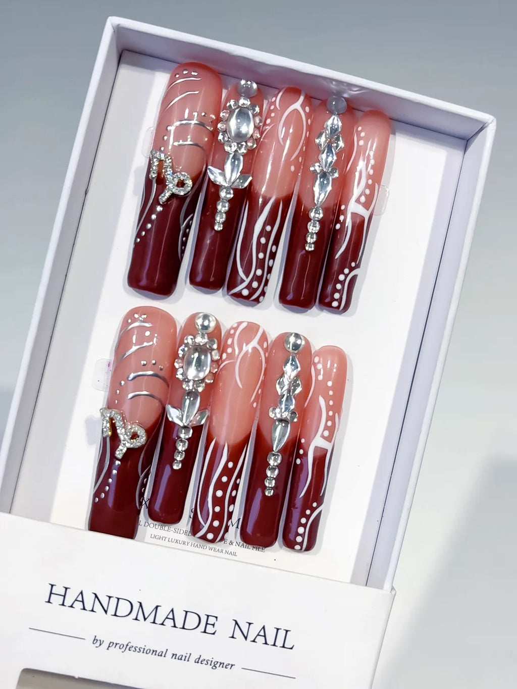 Nude Red White Silver Abstract Rhinestone press on nails