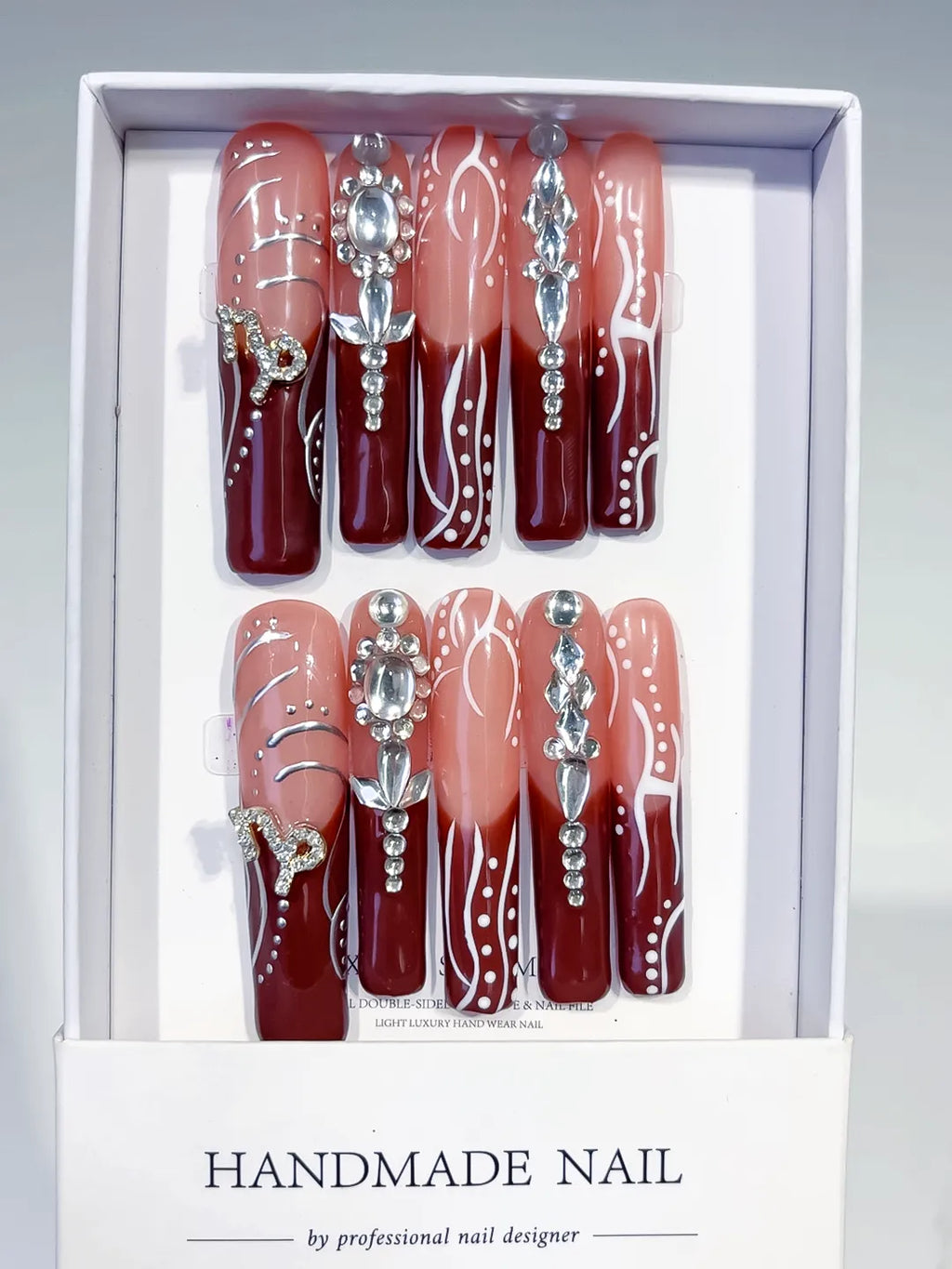 Nude Red White Silver Abstract Rhinestone press on nails full set view