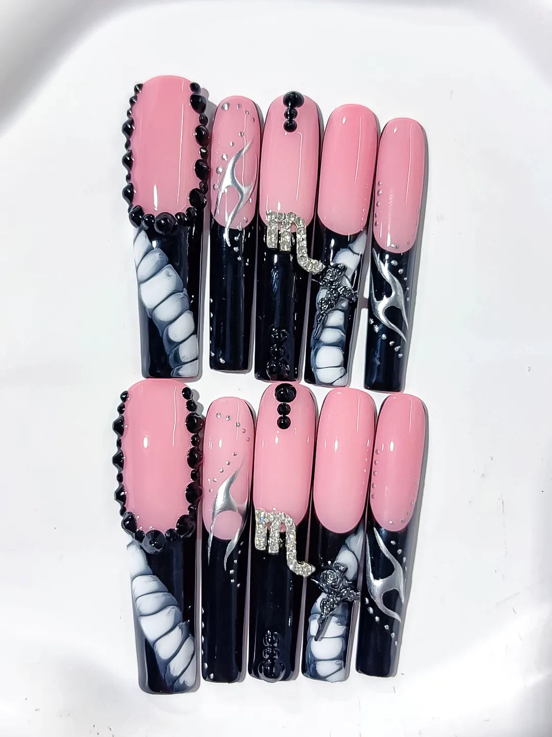 Pink Black White Silver Solid color Bow Rhinestone press on nails close up