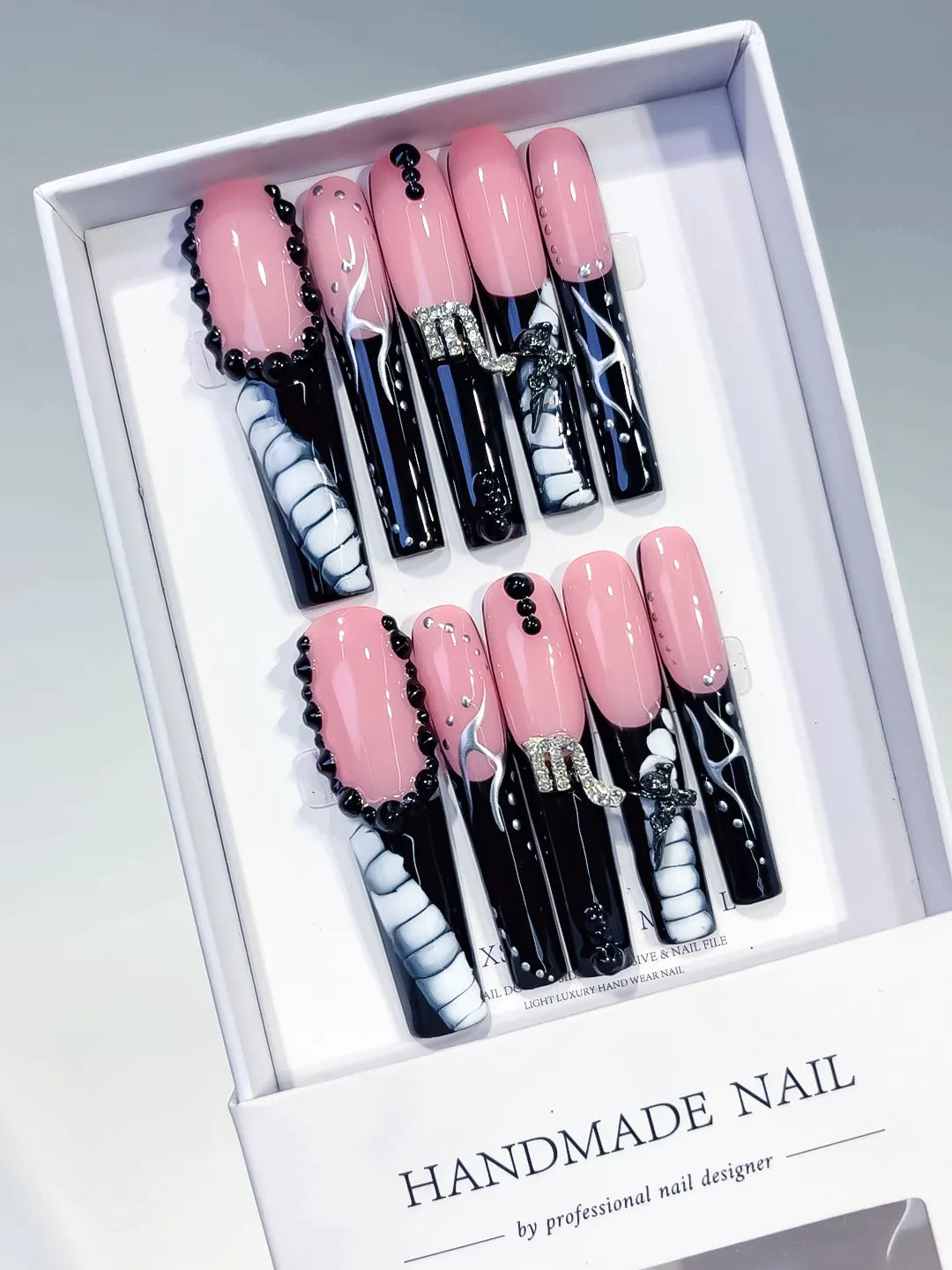 Pink Black White Silver Solid color Bow Rhinestone press on nails angled view