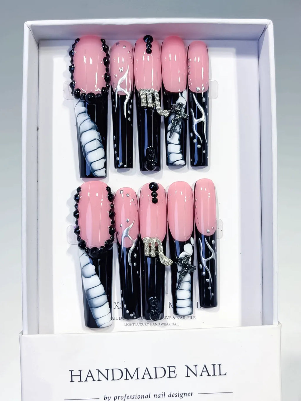 Pink Black White Silver Solid color Bow Rhinestone press on nails full set view