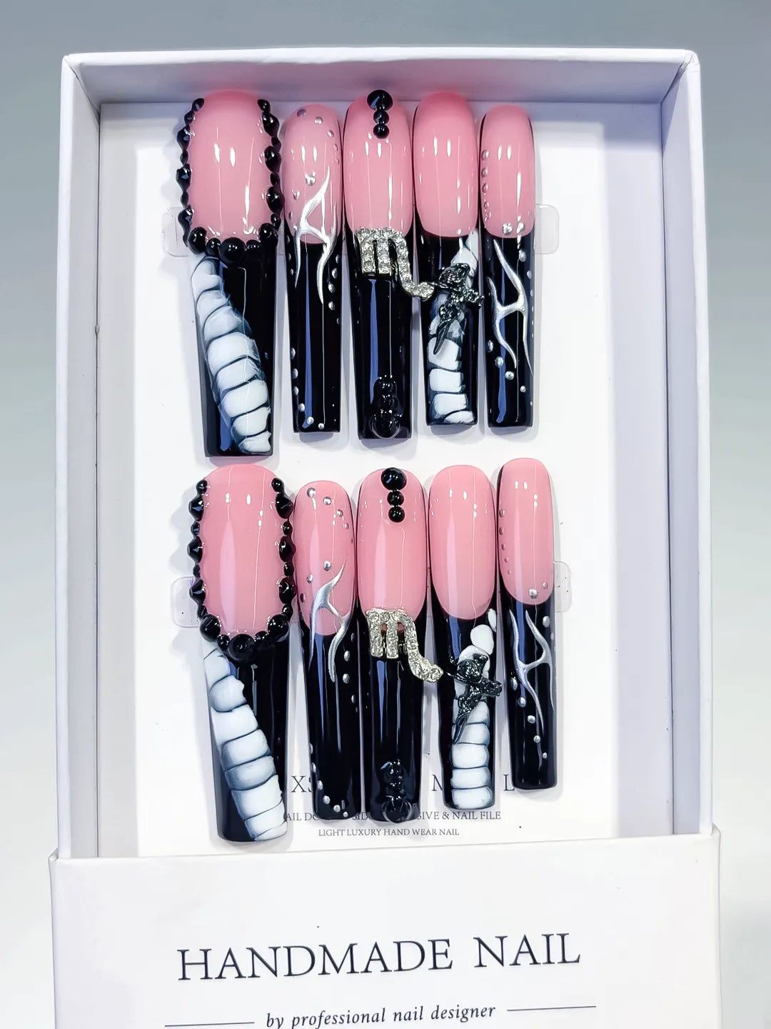 Pink Black White Silver Solid color Bow Rhinestone press on nails full set view