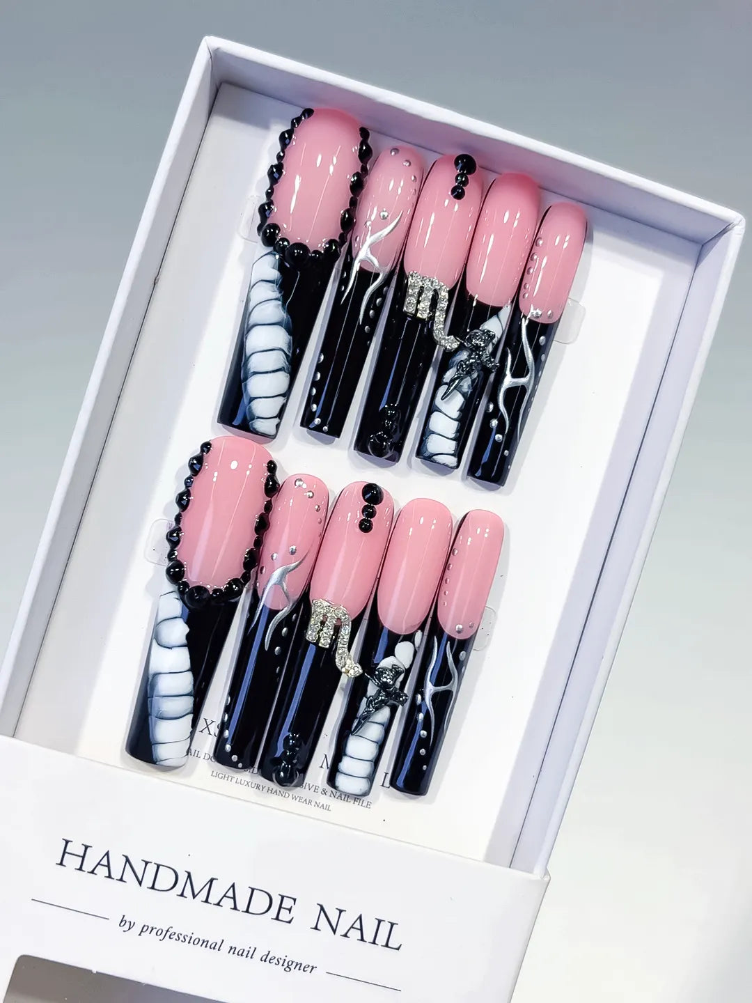 Pink Black White Silver Solid color Bow Rhinestone press on nails