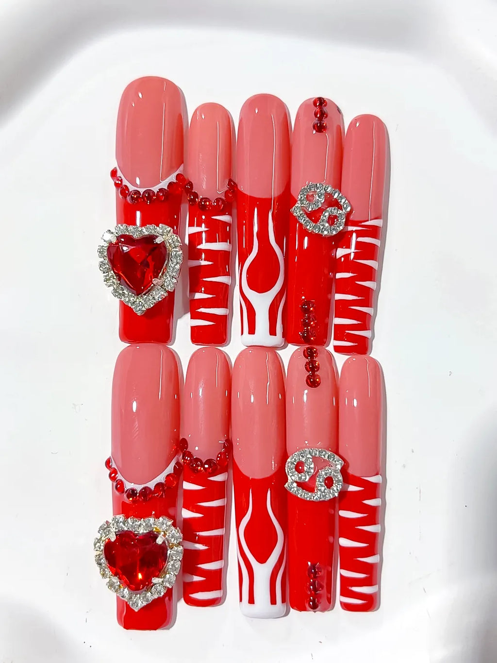 Nude Red White Silver Abstract Heart Rhinestone press on nails close up