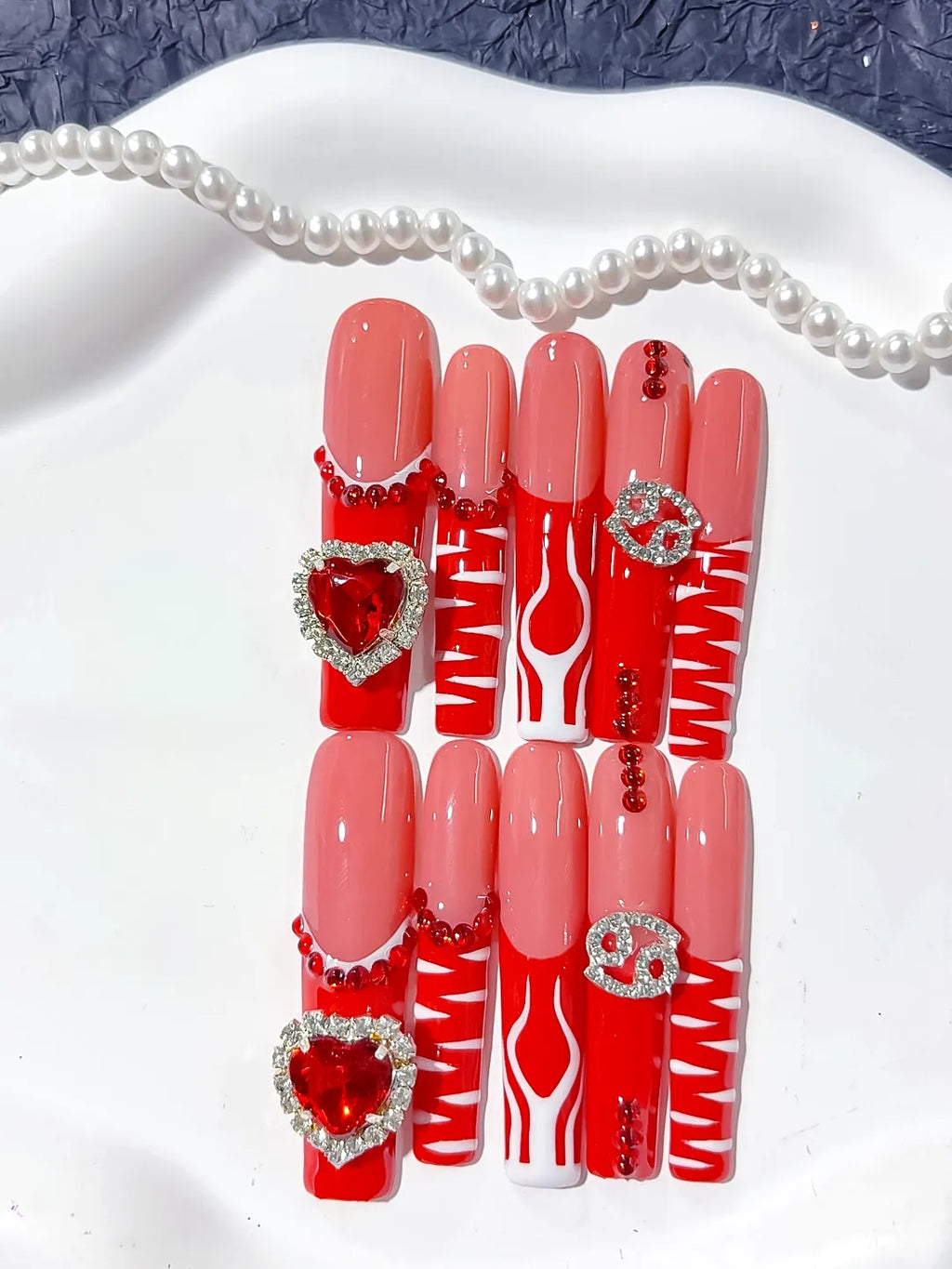 Nude Red White Silver Abstract Heart Rhinestone press on nails detail view