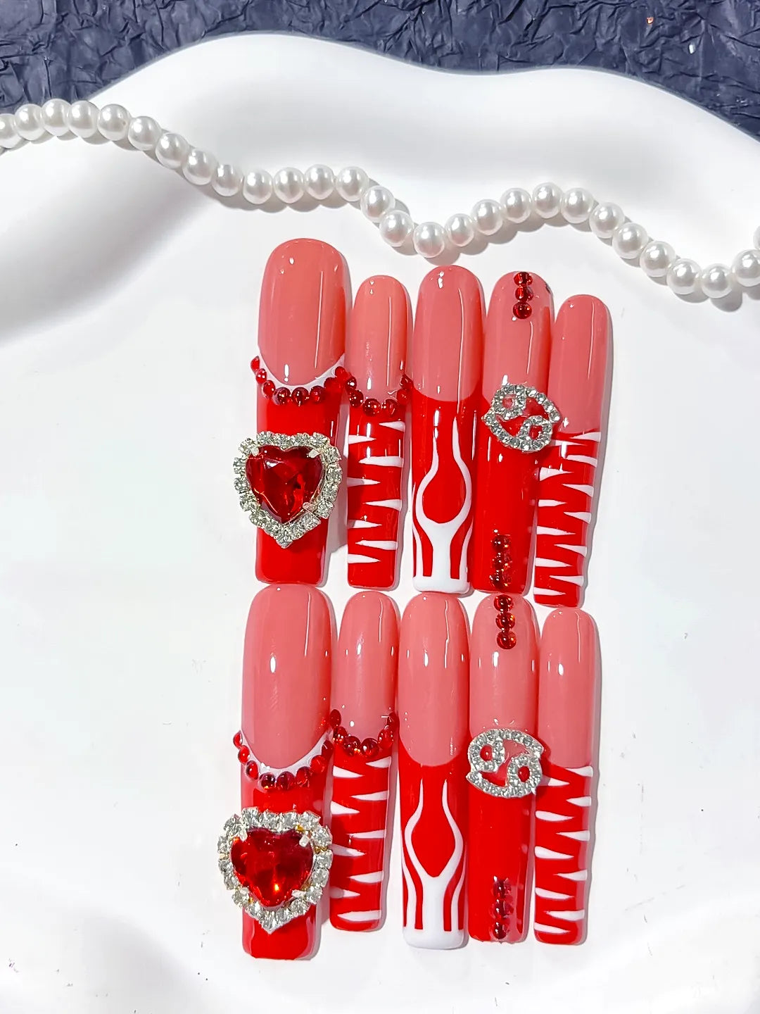 Nude Red White Silver Abstract Heart Rhinestone press on nails detail view