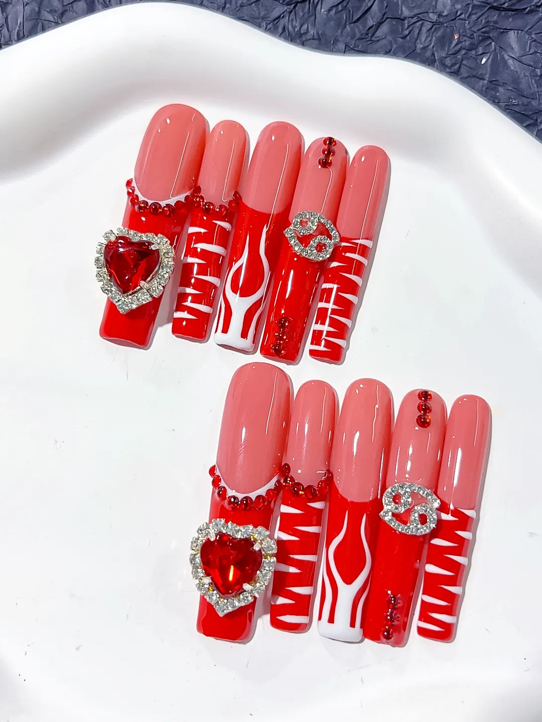 Nude Red White Silver Abstract Heart Rhinestone press on nails detail view
